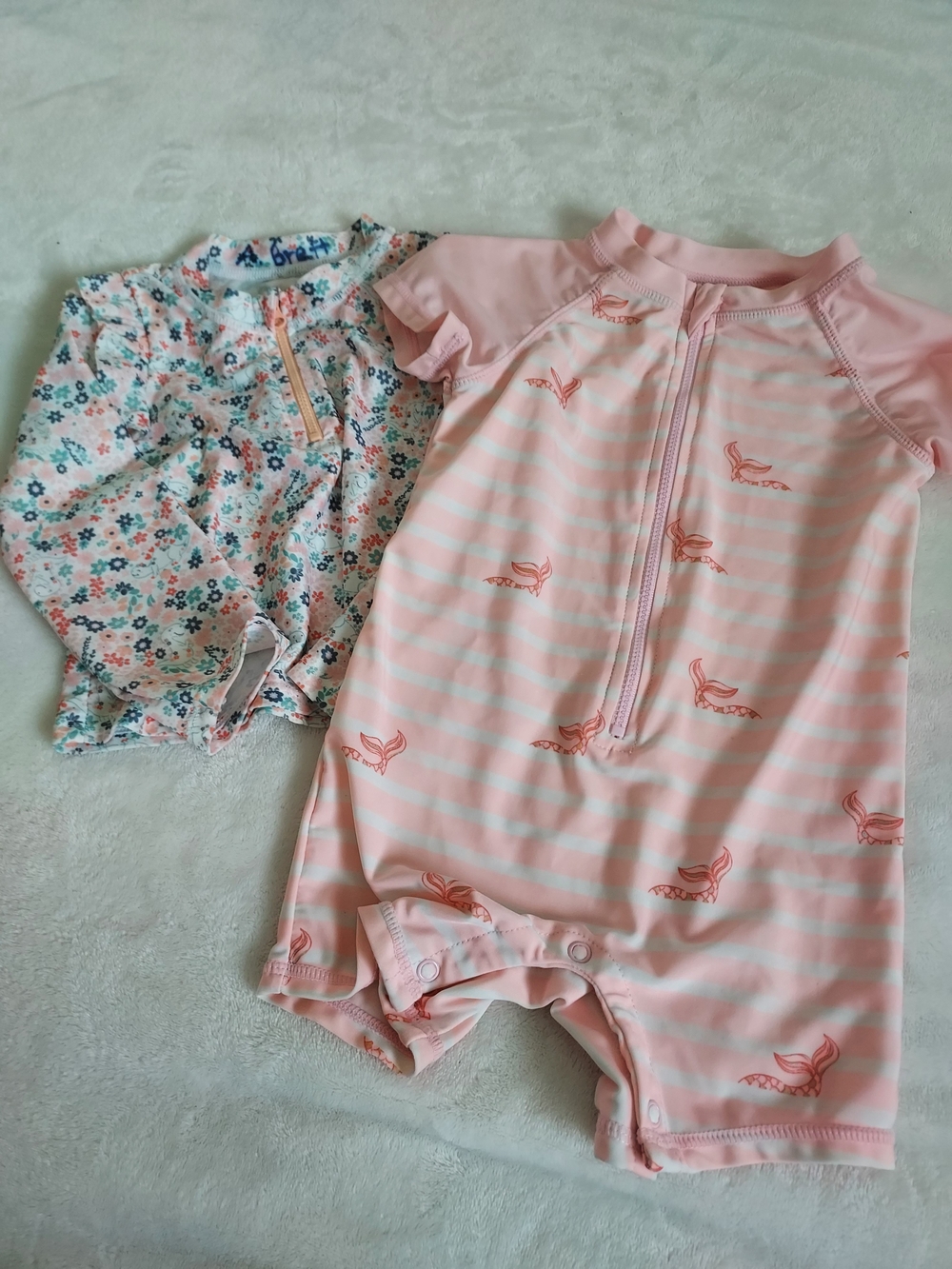Pink Striped Mermaid One-Piece & Floral Top Rashguards Swimsuit Summer Vacation